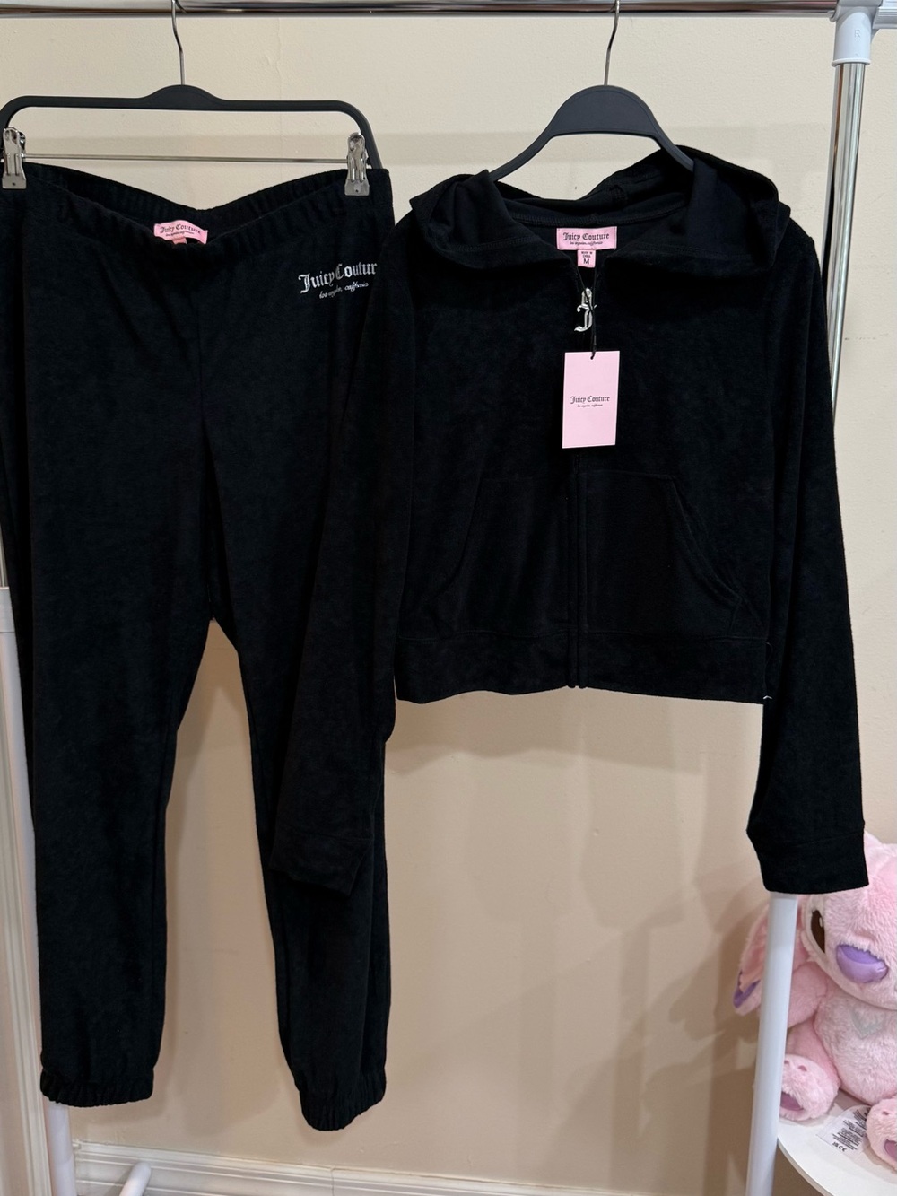 Juicy Couture Black Velour Cropped Zip Hoodie & Joggers Set